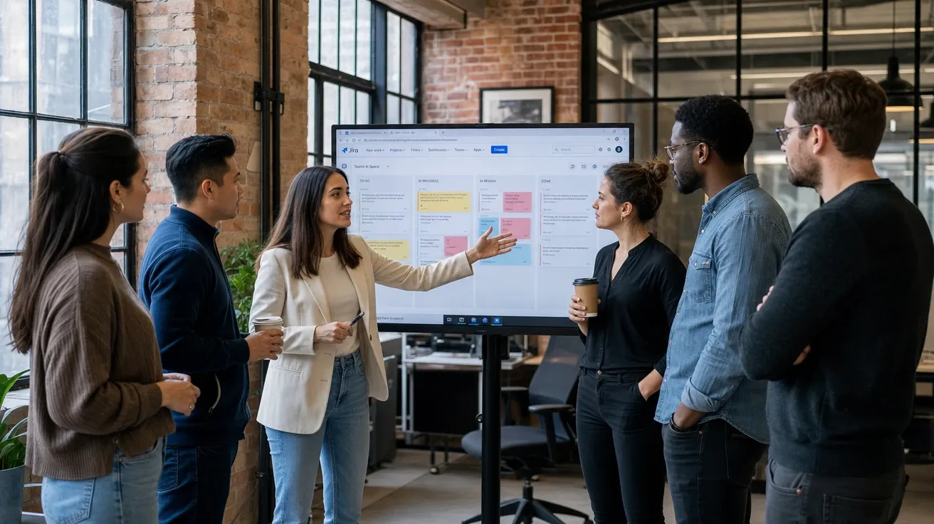 Six-person fintech product team at a morning standup in a SoHo studio loft, AI-generated business stock photo.