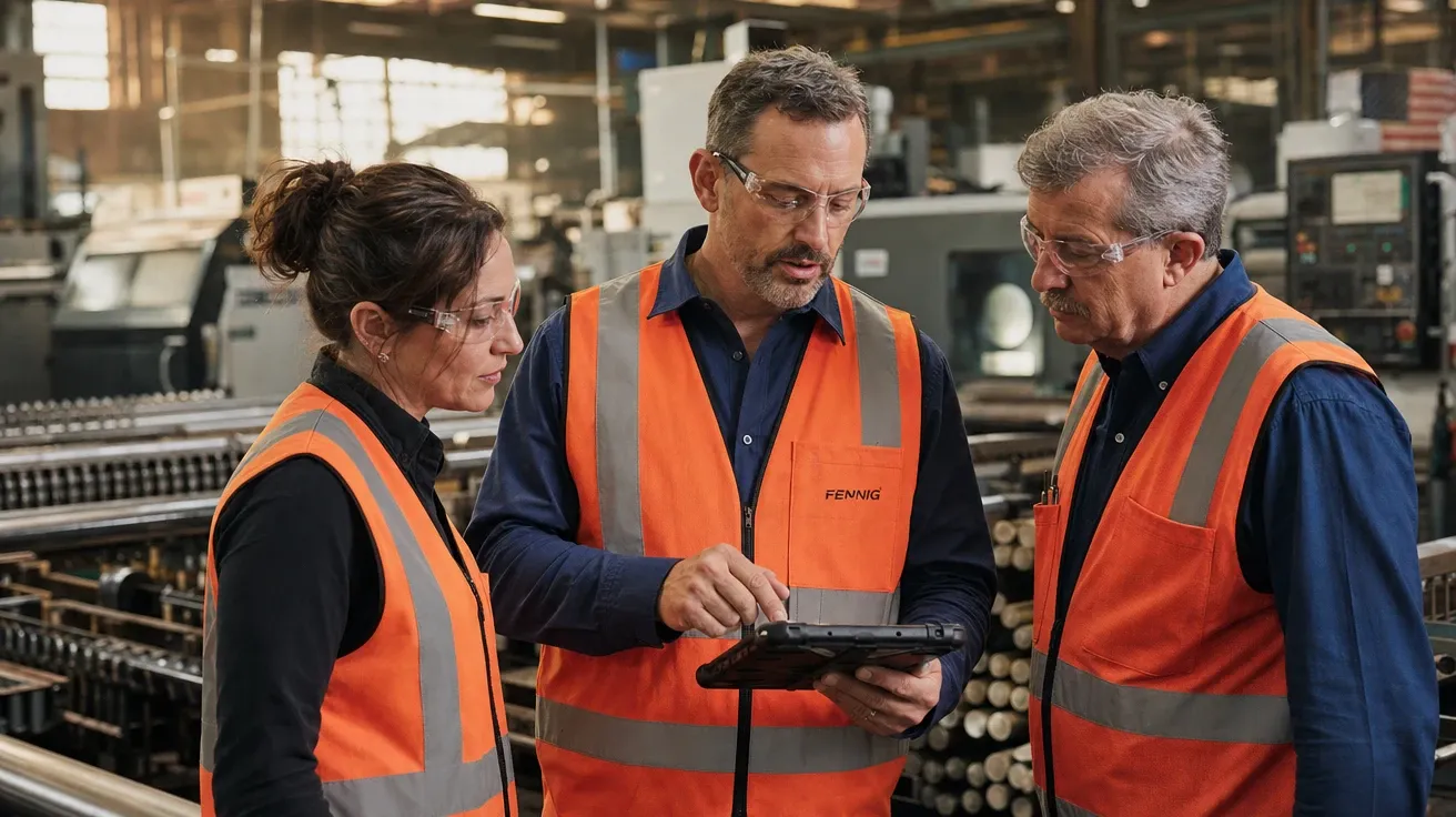 Manufacturing manager in high-vis reviewing specs with two shift leads on the factory floor, AI-generated business stock.