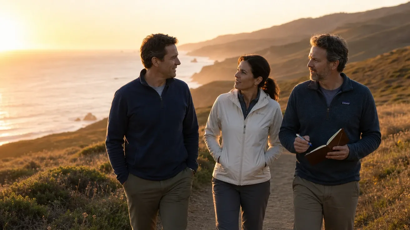 Three executives on a coastal off-site walking and talking at sunset, AI-generated business stock photo.