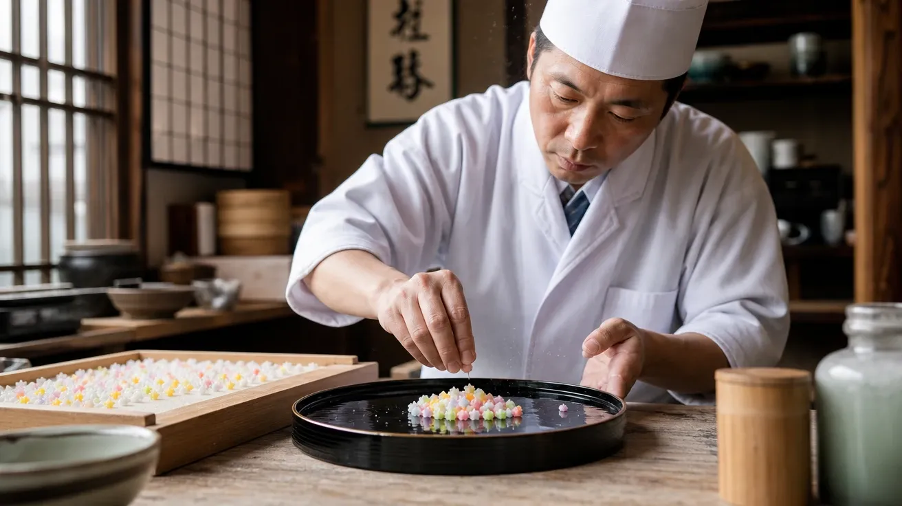 Wagashi confectioner shaping kompeito sugar stars on a black tray, AI-generated candy images.