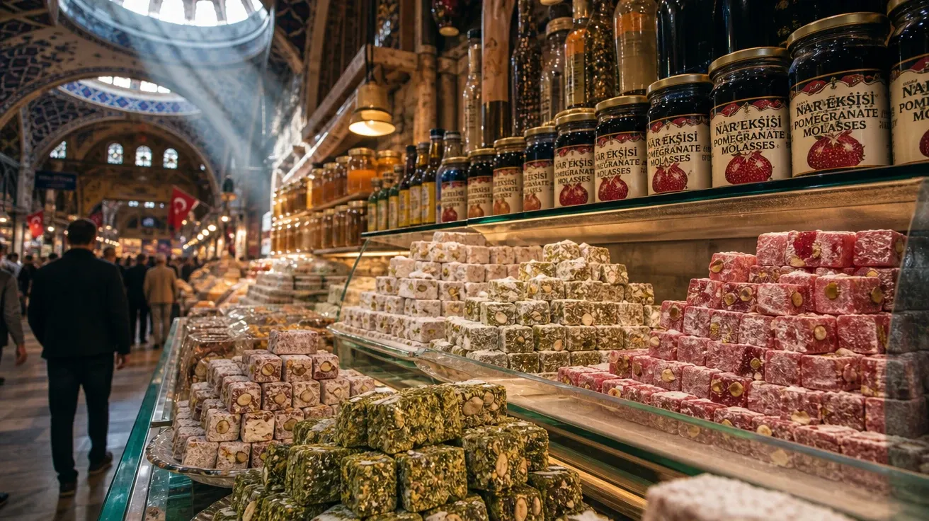 Turkish lokum dusted in icing sugar at an Istanbul market stall, AI stock candy tradition image.