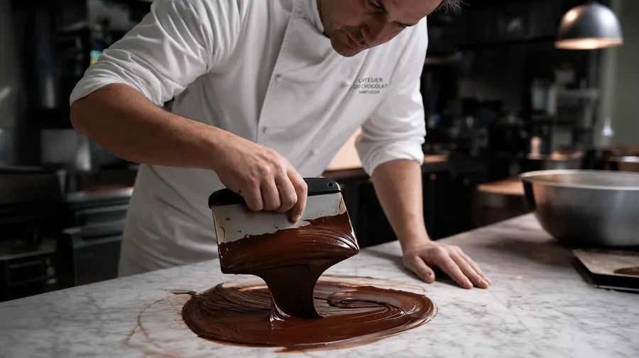 Chocolatier tempering dark couverture on a marble bench, AI stock candy moment image.