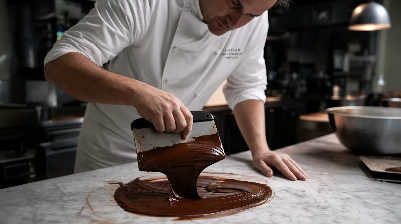 Chocolatier tempering dark couverture on a marble bench, AI stock candy moment image.