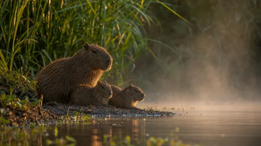 Family of three capybaras lounging at a tropical river edge at dawn, soft mist. AI capybara stock photo.