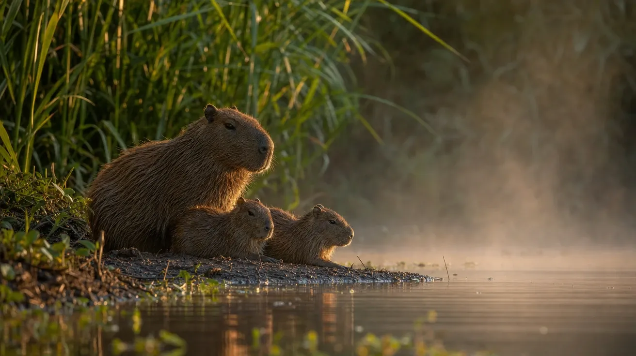 Family of three capybaras lounging at a tropical river edge at dawn, soft mist. AI capybara stock photo.