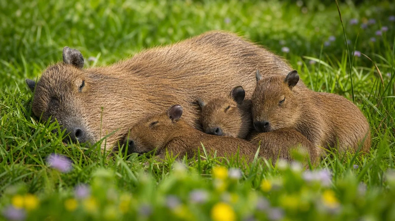 Mother capybara with three young pups napping in tall green grass, late-morning light. AI capybara stock.