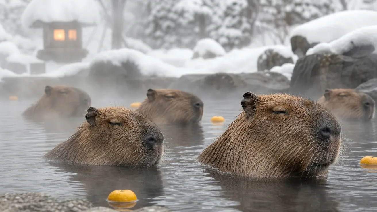 Group of capybaras soaking in a snowy Japanese onsen with floating yuzu fruits. AI capybara stock photo.