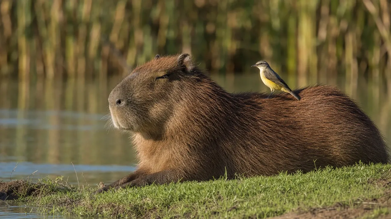 Adult capybara with a small cattle tyrant bird perched on its back at a sunlit water edge. AI capybara stock.