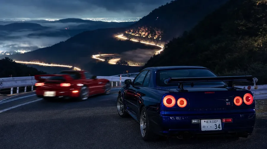 AI stock car picture: JDM touge night meet on the Hakone Skyline with R34 Skyline and RX-7