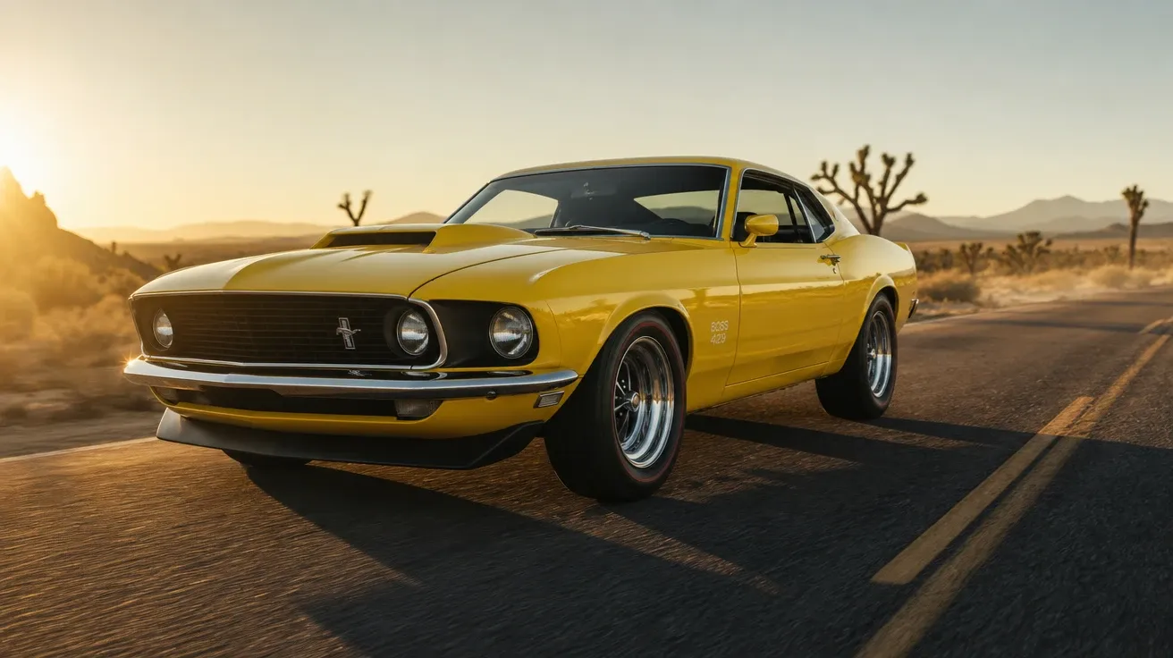 AI stock car picture: 1969 Mustang Boss 429 in lemon-yellow on a Mojave two-lane at golden hour