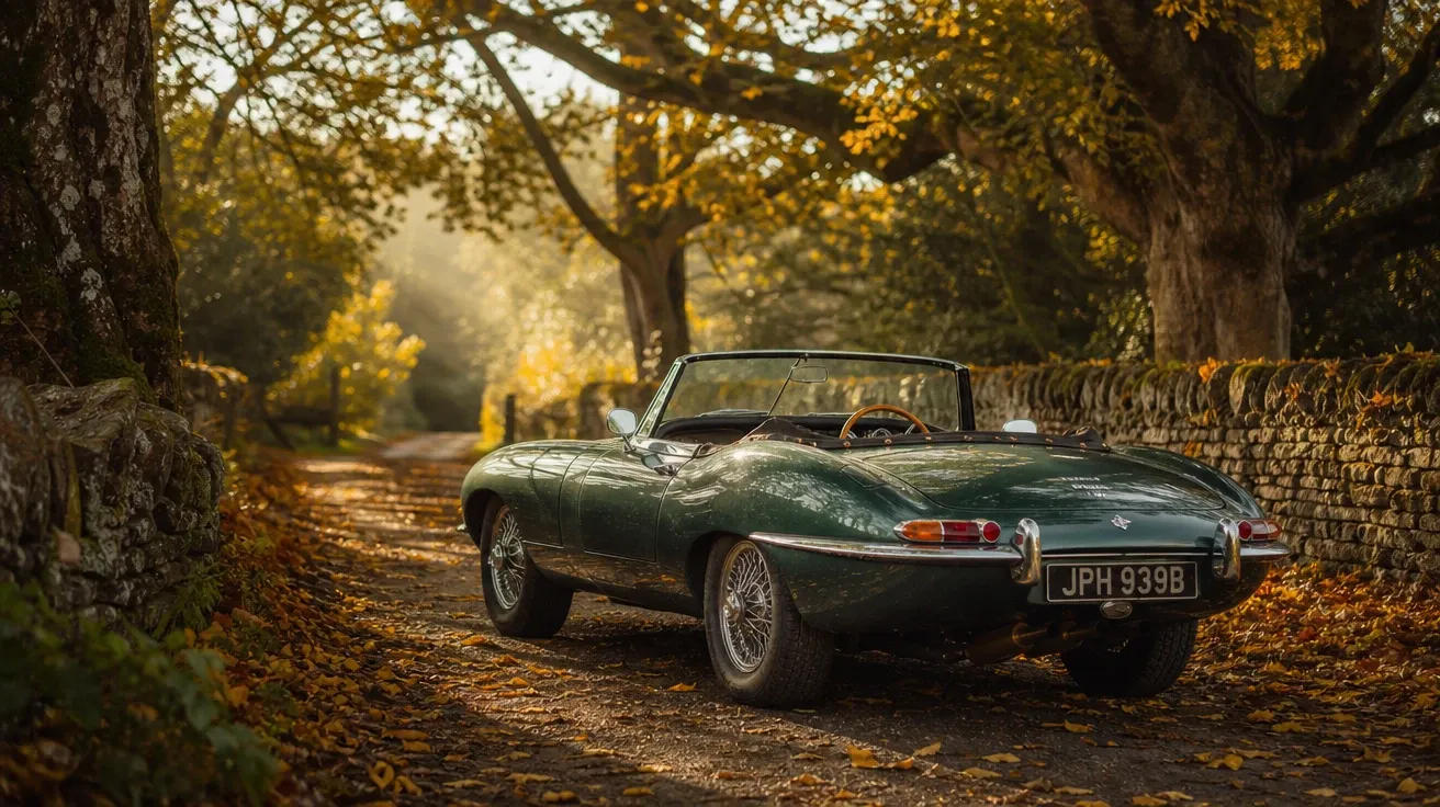 AI-generated stock car image: unrestored E-Type Jaguar roadster on a Cotswold autumn lane