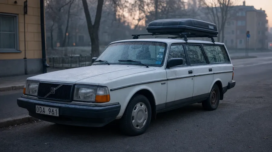 AI-generated stock car image: 1989 Volvo 240 wagon with sun-faded paint on a Stockholm street in fog