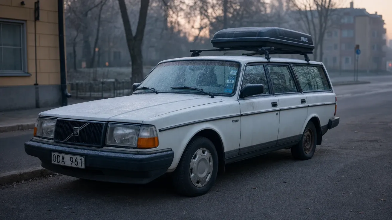AI-generated stock car image: 1989 Volvo 240 wagon with sun-faded paint on a Stockholm street in fog