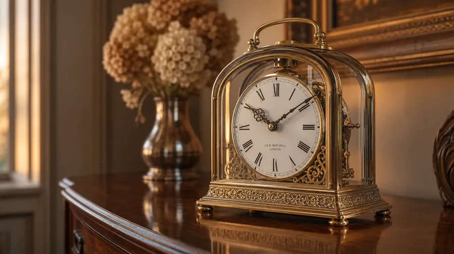 AI-generated clock image: brass mantel clock with roman-numeral dial on mahogany sideboard at golden hour.