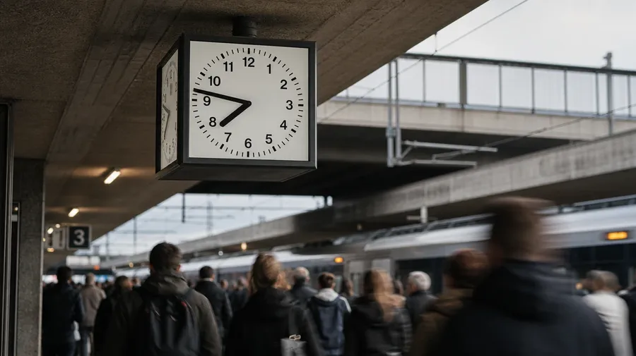 AI-generated clock image: brutalist station-platform wall clock at rush hour with motion-blurred commuters.