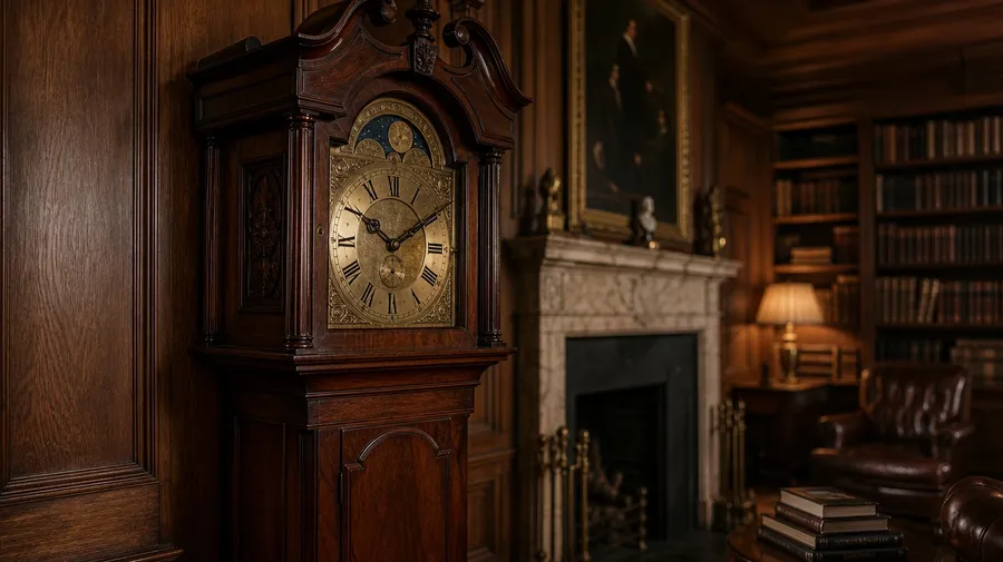 AI-generated clock image: Georgian mahogany grandfather clock beside a marble fireplace in a wood-paneled library.