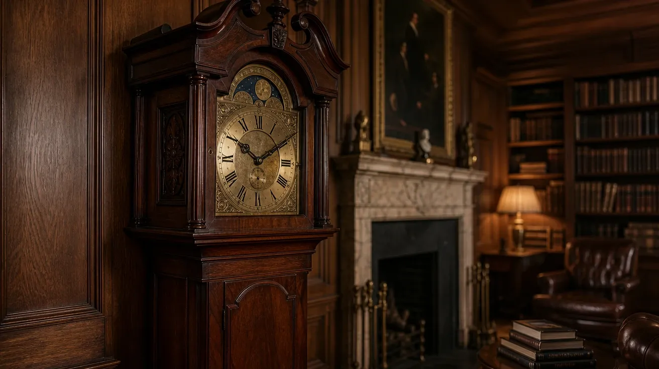 AI-generated clock image: Georgian mahogany grandfather clock beside a marble fireplace in a wood-paneled library.