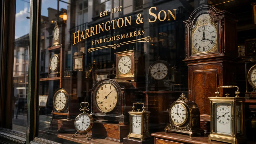 AI-generated clock image: antique clock-shop window display with a dozen vintage clocks in afternoon light.