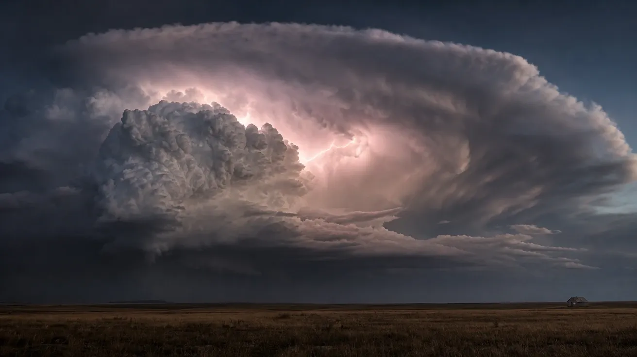AI-generated cumulonimbus thunderhead with sheet lightning over a flat prairie horizon at dusk.