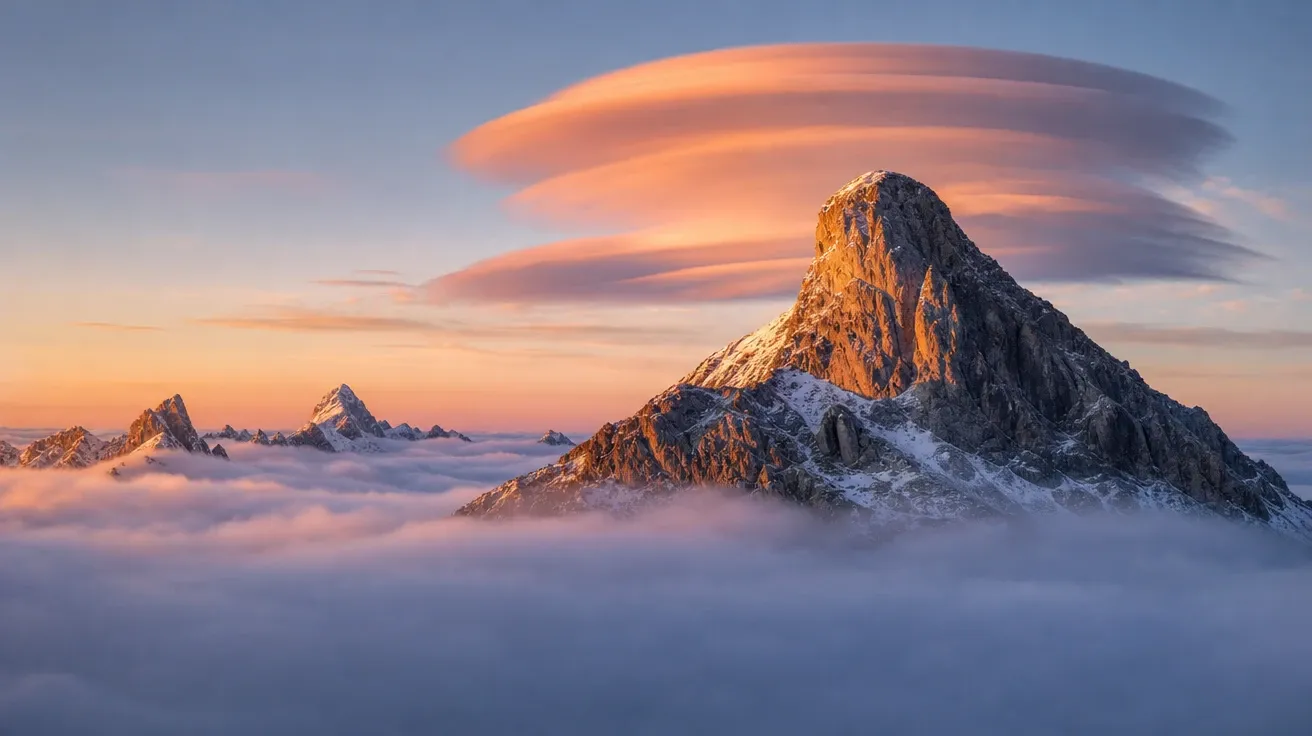 AI stock cloud image of a lenticular cloud capping a granite peak above a dawn fog inversion.
