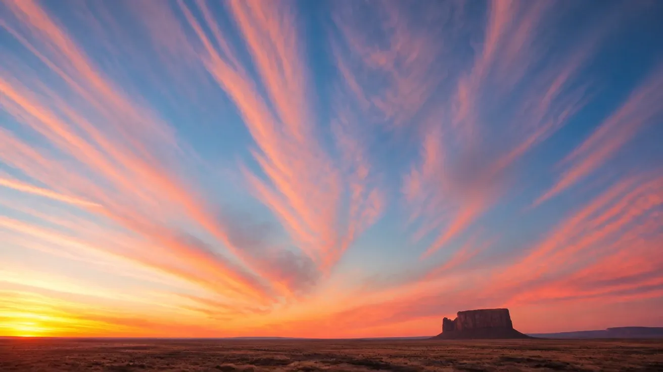 AI-generated high-altitude cirrus wisps catching pink last-light over an open desert plain with a butte.