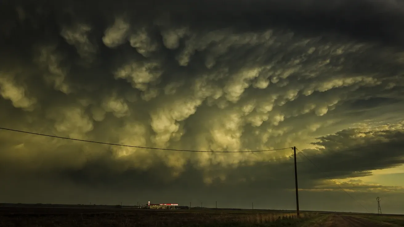 AI-generated mammatus pendant pattern under a pre-storm anvil cloud at dusk over a flat-plains gas station.