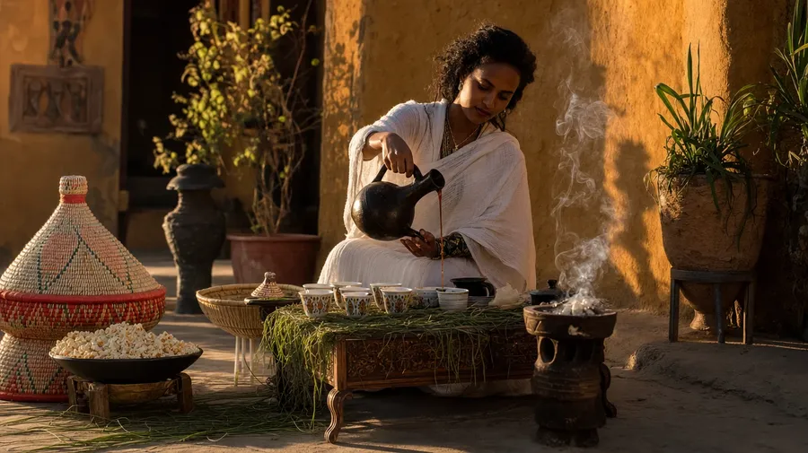 Ethiopian coffee ceremony at golden hour, jebena pour into porcelain cups, AI-generated stock coffee image.