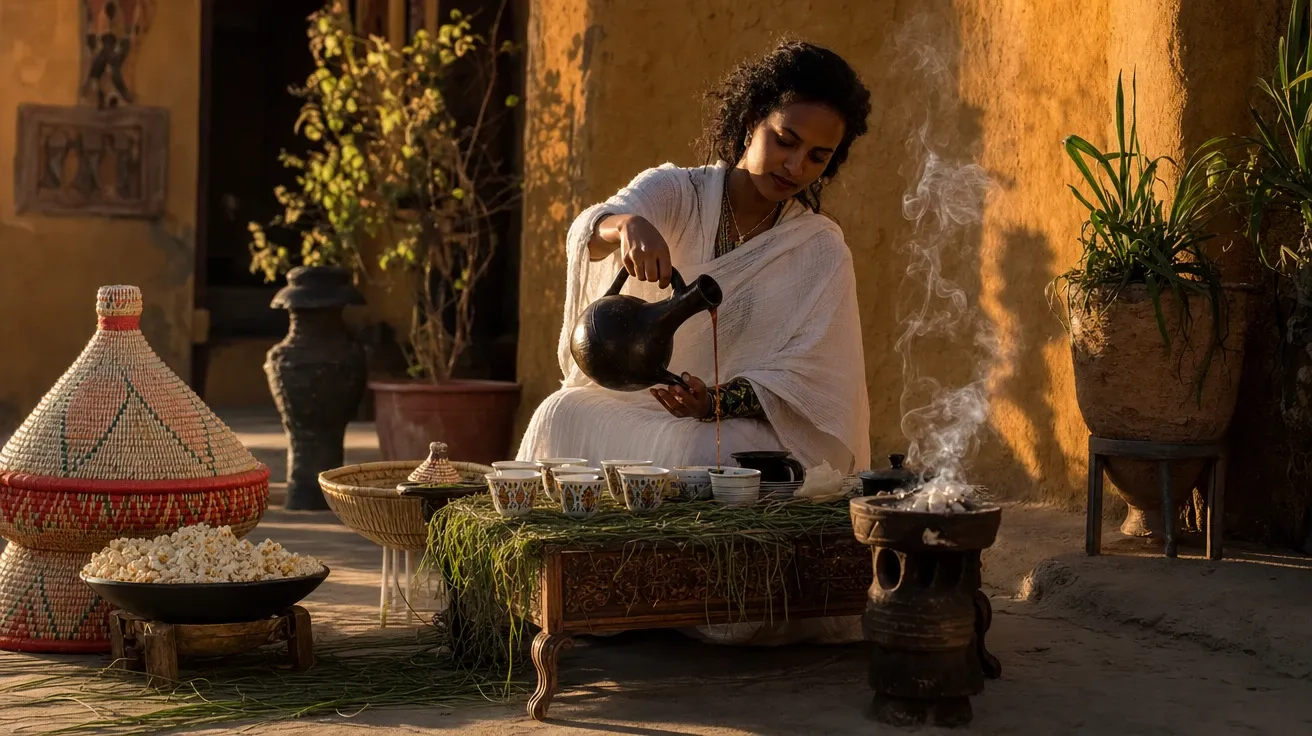 Ethiopian coffee ceremony at golden hour, jebena pour into porcelain cups, AI-generated stock coffee image.