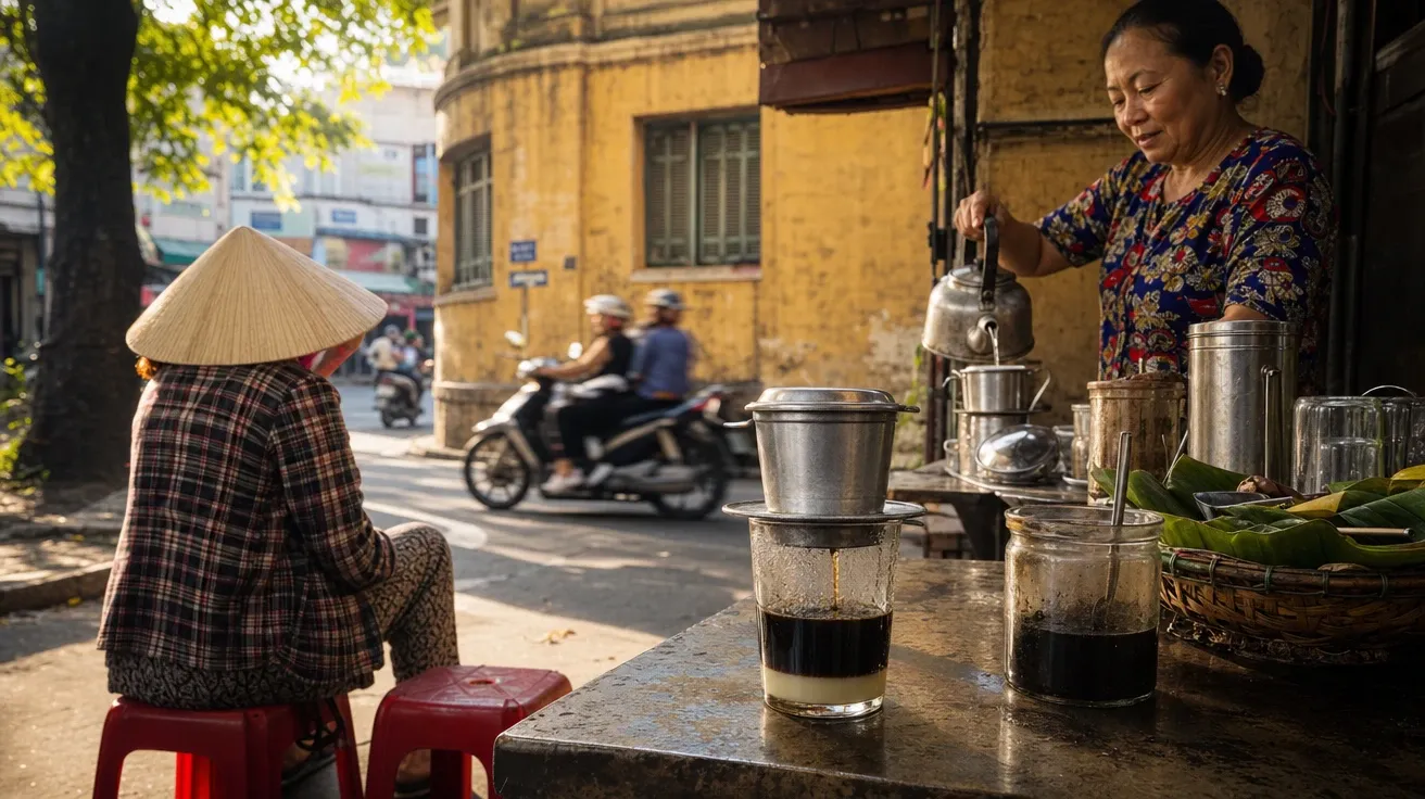 Vietnamese phin coffee at Saigon street stall morning, condensed milk underneath, AI-generated stock coffee image.