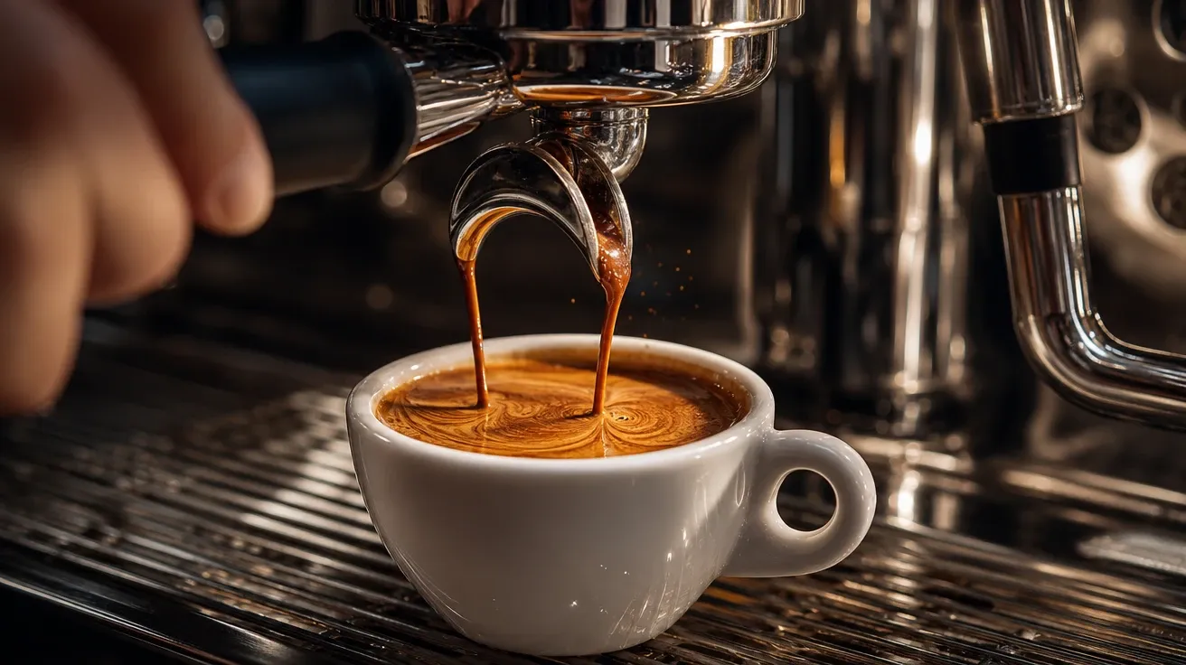 Macro espresso pull with thick golden crema and tiger striping in white porcelain cup, AI-generated stock coffee image.