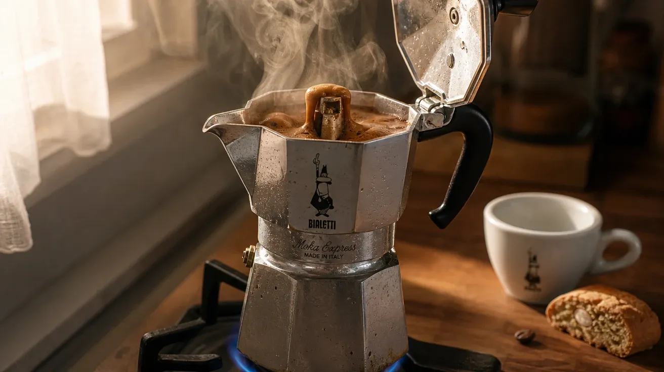 Italian Moka pot erupting espresso with steam rising in warm kitchen light, AI-generated stock coffee image.