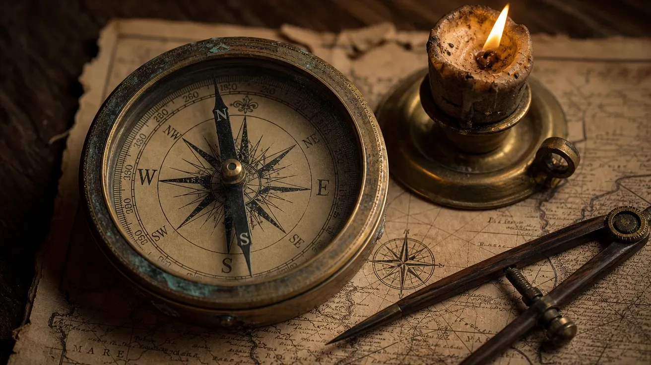 AI-generated weathered brass compass on a torn nautical chart by candlelight, dividers angled across the chart.