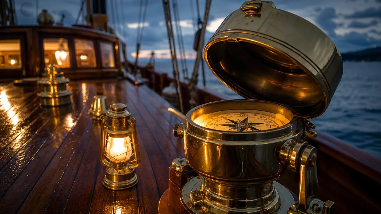 AI stock compass image of a brass binnacle on a teak boat deck at dusk, hood open, lantern glow.