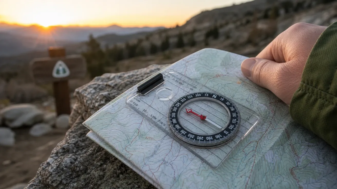 AI-generated hiking baseplate compass on a topo map at a granite trailhead, bezel at a 45-degree bearing.