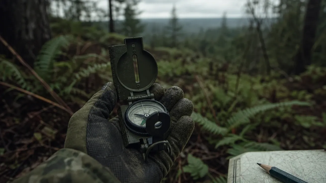 AI-generated army-issue lensatic compass folded open in a gloved palm, sighting wire taut against a treeline.