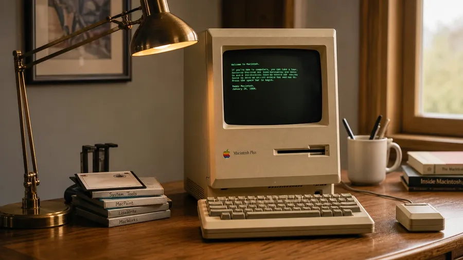 Vintage 1984 Macintosh Plus on a wood desk under a brass lamp with green-text screen. AI computer stock photo.
