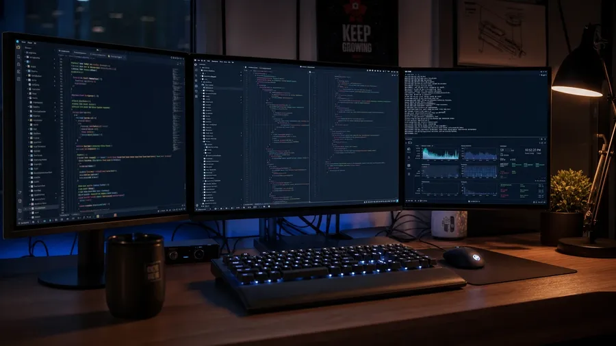 Programmer's dark-mode workstation with three monitors and a mechanical keyboard at night. AI computer stock photo.