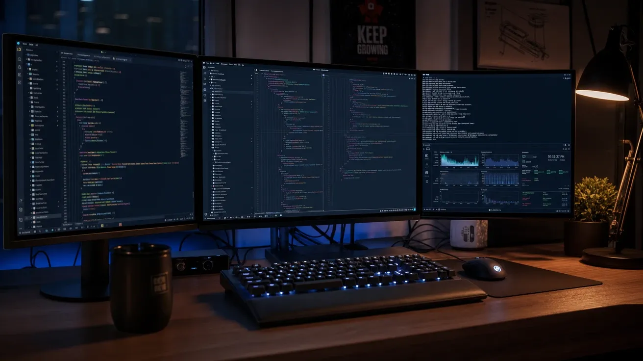 Programmer's dark-mode workstation with three monitors and a mechanical keyboard at night. AI computer stock photo.