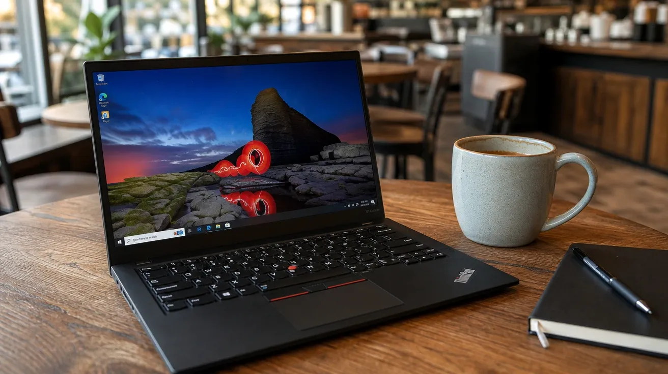 Open ThinkPad laptop on a wooden coffee-shop table with a ceramic mug. AI computer stock photo.