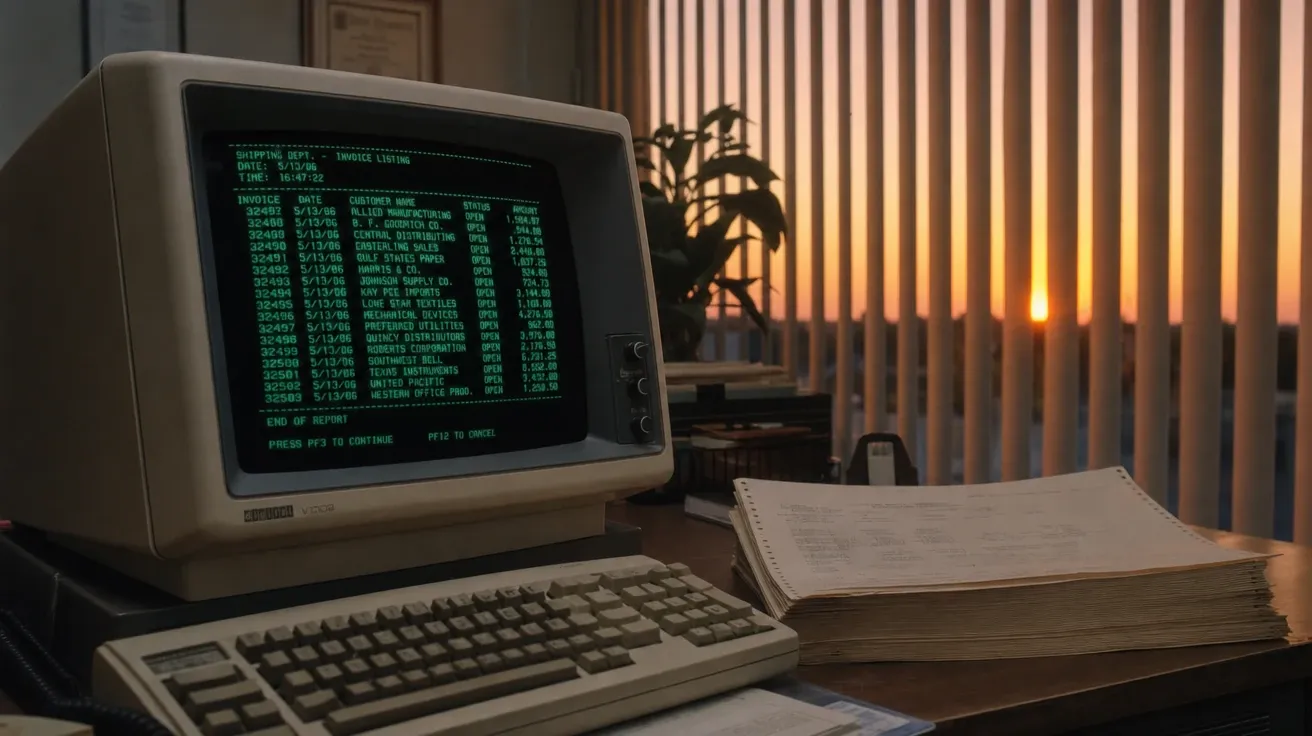 Beige CRT monitor glowing green-text in a 1980s office at dusk with vertical blinds. AI computer stock.