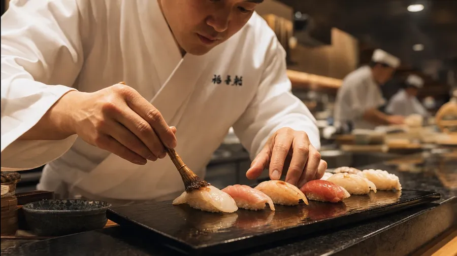 Osaka sushi chef plating omakase nigiri at the pass, AI-generated cooking images.