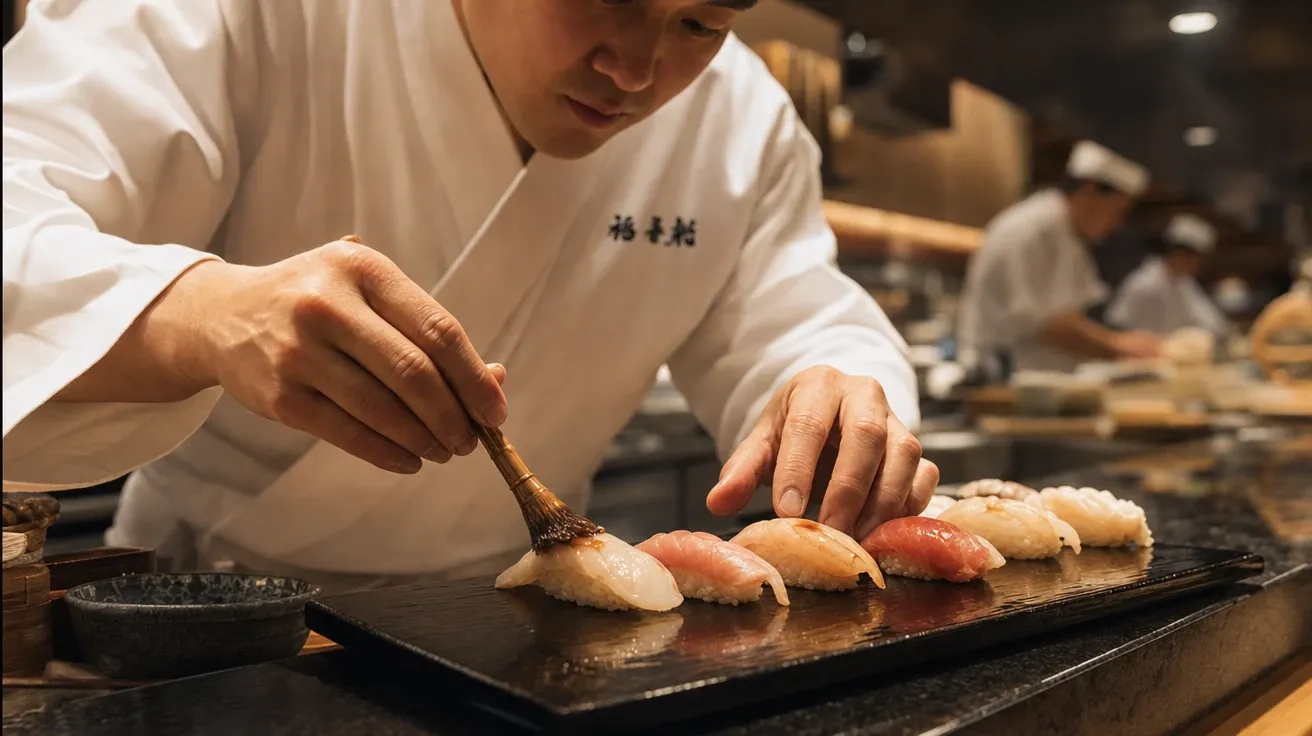 Osaka sushi chef plating omakase nigiri at the pass, AI-generated cooking images.