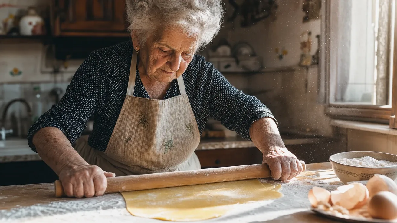 Italian nonna hand-rolling pasta on a flour-dusted table, AI stock cooking technique image.