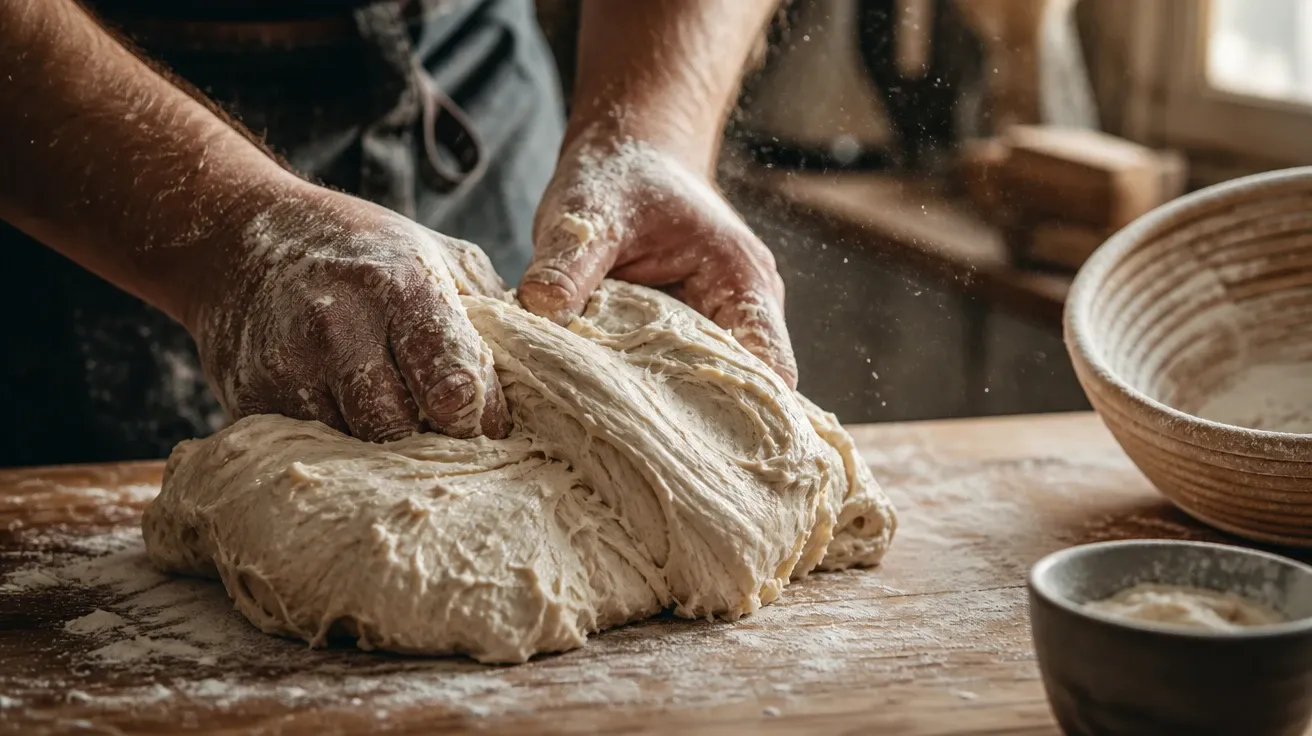 Flour-dusted hands kneading sourdough on a wooden counter, AI stock cooking moment image.