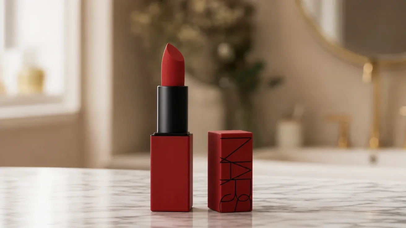 AI-generated cosmetics image: matte-red lipstick on a Carrara marble vanity in soft window light.