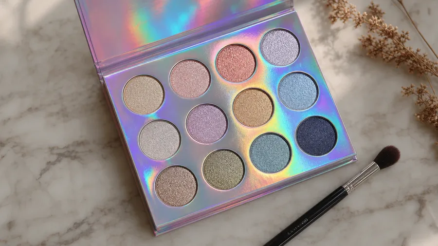 AI-generated cosmetics image: holographic eyeshadow palette flat-lay catching window light on marble.