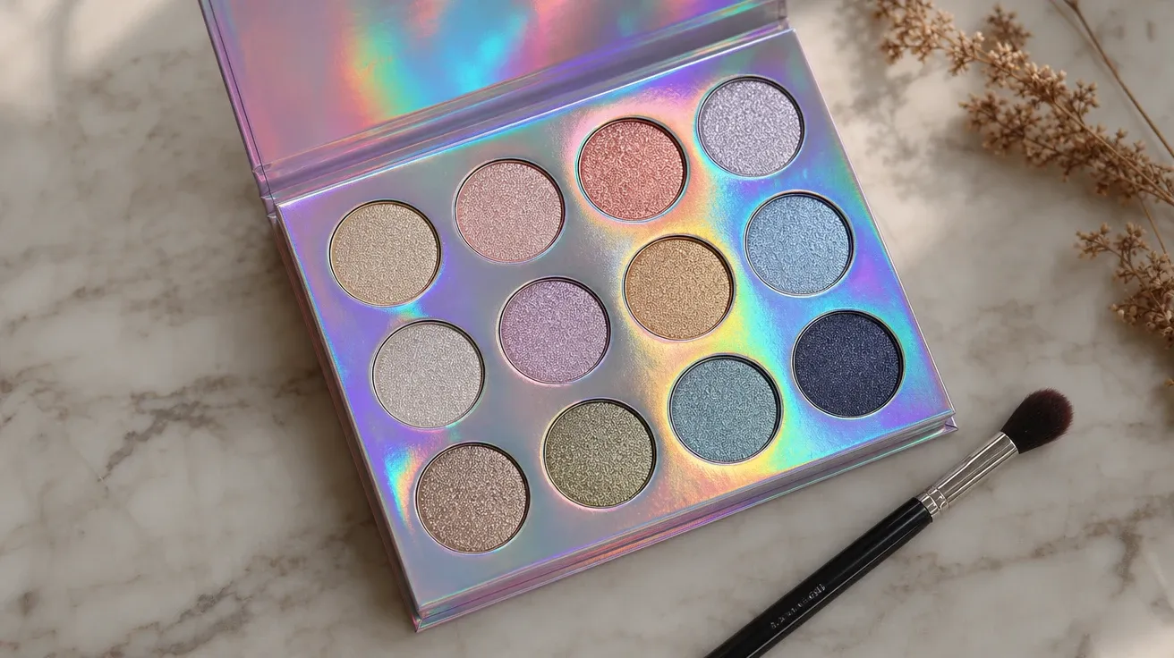 AI-generated cosmetics image: holographic eyeshadow palette flat-lay catching window light on marble.