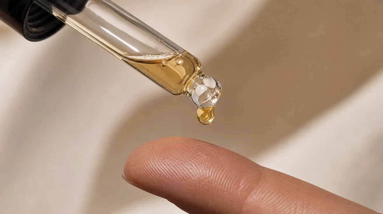 AI-generated cosmetics image: glass serum dropper releasing a single amber-yellow drop mid-pour.