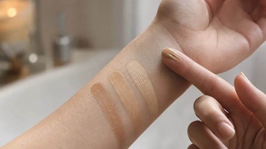AI-generated cosmetics image: hand mid-application swatching three foundation shades across the inner wrist.