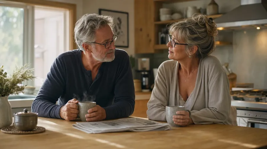 AI-generated couple pictures: long-married couple in their sixties sharing morning coffee in a sunlit kitchen.
